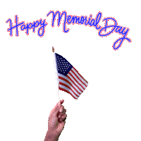 Digital art gif. Hands waves a mini American flag on a stick back and forth. Blue and red script text reads, "Happy Memorial Day."