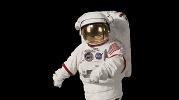 Video gif. An astronaut wearing a full spacesuit does the floss in outer space. 