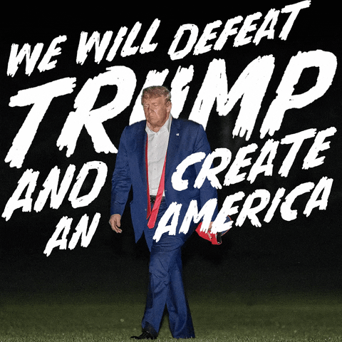 Text gif. Donald Trump tie open and hat in hand, walking through grass in a black void looking defeated, all around him white graffiti text, "We will defeat Trump, and create an America, for all."
