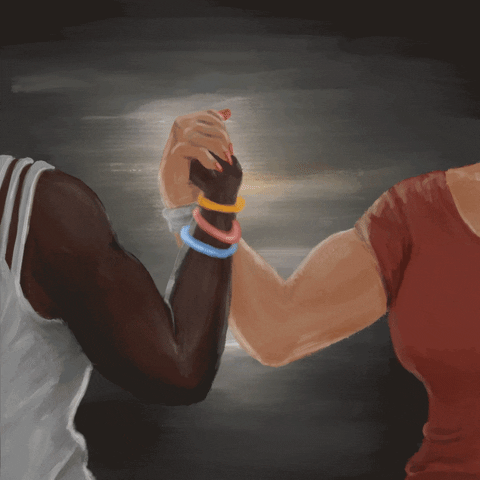 Digital art gif. Two people flex their biceps as they clasp hands in front of a gray painted background. Text, “Reproductive rights and LGBTQ+ equals fight for bodily autonomy.”