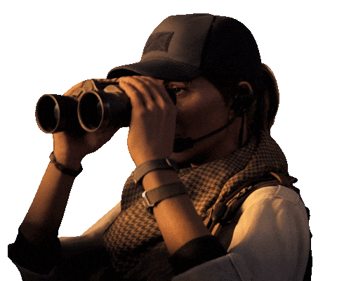 Sponsored sticker gif. Woman looks through a pair of binoculars before pulling them away from her face.