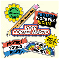 Digital art gif. Collection of stickers on a white background, brightly colored and full of energy, a flexing daisy that reads "protect climate action," a bobbing pencil that reads "protect public education," a waving flag that reads "protect voting rights," an oscillating marquee that reads "protect workers rights," a twirling dodecagram that reads "protect abortion rights," an oscillating rainbow that reads "protect LGBTQ rights," and front and center, a flashing neon sign that reads "Vote Cortez Masto."