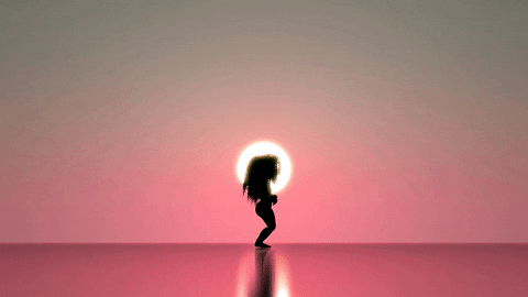 Digital art gif. A woman with big curly hair with a bright yellow circle behind her bounces up and down, swinging her arms around to stretch them out. She then punches the air a few times and then pretends to dodge an imaginary fighter. 
