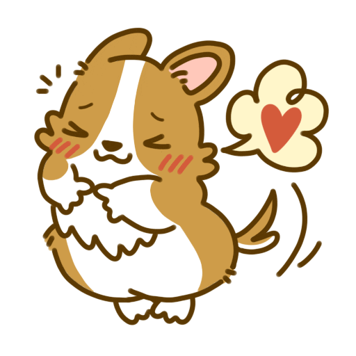 Digital art gif. A brown and white corgi smiles bashfully as its tail wags below a thought bubble with a red heart inside. 