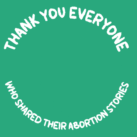 Digital art gif. Speech bubbles in a rainbow of colors pop up, creating the shape of a heart against a green background. Text, “Thank you everyone who shared their abortion stories.”