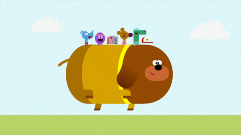 Cartoon gif. Duggee's paws pedal through the grass as he runs with five tiny animal friends bouncing on his back.
