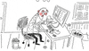Illustrated gif. A tired man is working at his desk and he gets mad, spitting on his computer. But, plot twist! His computer spits back and turns his head pixelated.