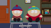 South Park gif. Stan and Eric sit on chairs beside each other, talking. Stan shrugs and says, "Bathroom? I just. Two people close to me are having gender identity issues and I'm confused." Eric points to Stan angrily and replies, "He's cisginger! He's so cis he wears a jockstrap to bed at night!"