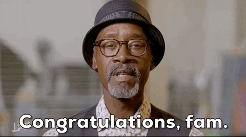 Celebrity gif. Don Cheadle on the 2021 Independent Spirit Awards looking straightforward and saying "congratulations, fam."