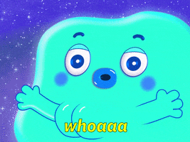 Digital art gif. With wide eyes and mouth open in surprise, a blob in space says, “Whoaaaa.”