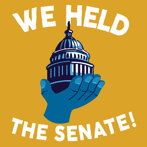 Digital art gif. Blue hand holding the dome of the capital building on a mustard yellow background, white block all around reads, "We held the Senate!"
