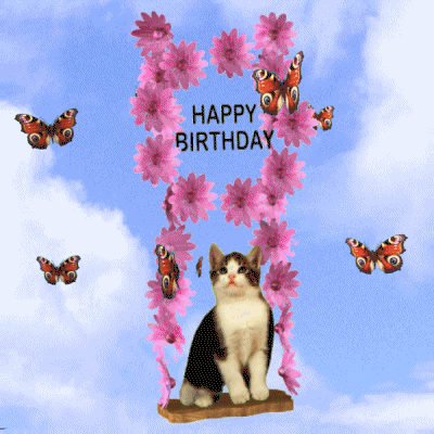 Digital art gif. Kitten sits on a swing held up by pink flower chains, in a blue sky, as orange butterflies circle around above. Text, "Happy birthday."