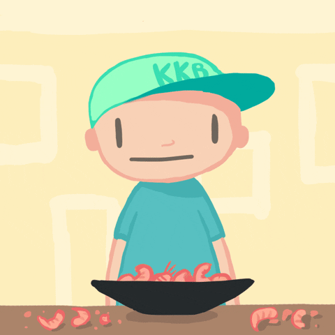 DESCRÇÃO DA IMAGEM: animação de menino vestindo uma camiseta azul e boné azul comendo camarões antes de ter uma reação alérgica e ficar completamente vermelho e inchado.
GIF by Dan Harnden