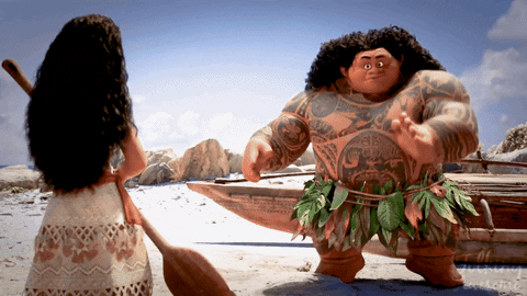 Disney gif. Moana watches Maui dance, slapping his body, and moving his legs in and out. He then jumps on the boat and says, “What can I say except you’re welcome.”