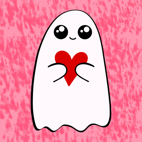 Digital art gif. White ghost holding a beating red heart in its arms smiles at us with starry eyes. 