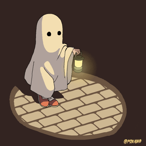 Illustrated art gif. Person dressed in a sheet with two holes for eyes looks like a ghost. The person holds a lantern out from under the sheet, illuminating the cobblestone pathway they're walking on. Image plays in a loop. 
