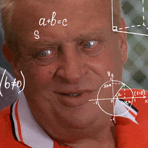 Celebrity gif. A close up of Rodney Dangerfield’s face as multiple random math equations float around his head. He looks around like he’s trying to understand and connect the dots, but can't seem to fully grasp it.