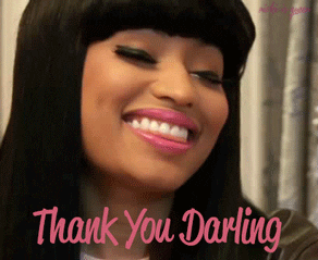 Celebrity gif. Nicki Minaj smiles and blinks while saying "thank you darling," which appears as text.