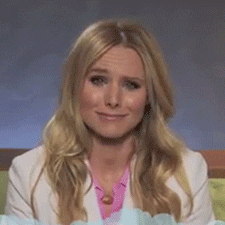 Celebrity gif. Kristen Bell laughs hysterically then covers her mouth as she begins to cry.