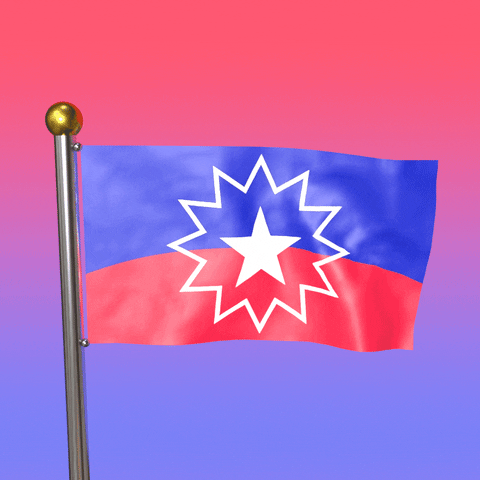 Digital art gif. Animation of the Juneteenth flag, which is two horizontal stripes of blue and red with a white star in the middle, blowing in the wind against a red and blue ombre background.