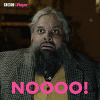 Video gif. We zoom in on a terrified man’s face as he screams, eyes wide, “NOOOO!”