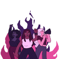Digital art gif. Illustration of three angry women, two with their fists raised and one shouting into a megaphone, standing in front of purple and pink flames. White text above the women reads, "Anti-abortion politicians, we're coming for you."