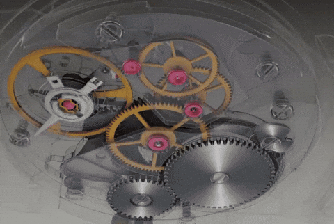 Animated clockwork mechanism with rotating gears and cogs.