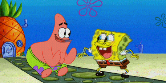 SpongeBob gif. SpongeBob and Patrick jump into the air for an enthusiastic high five.