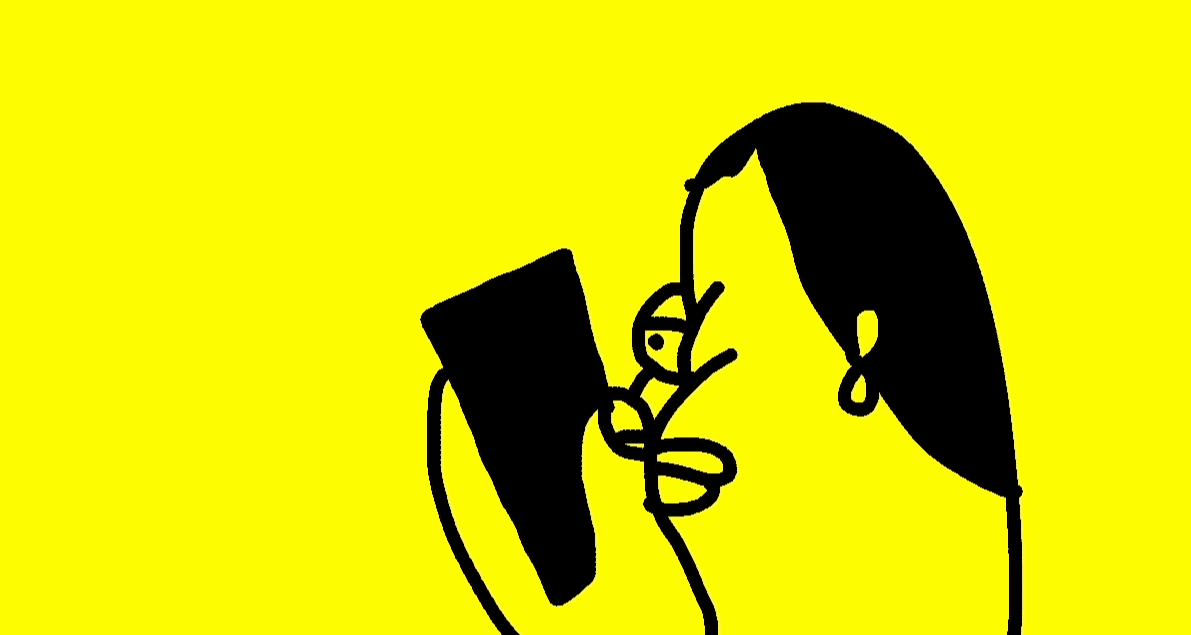 a character holding a cell phone and getting absorbed by it and coming out the phone again on the other side against a yellow background