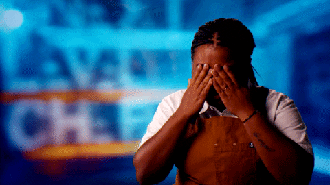 Reality TV gif. Devonnie Black on Next Level Chef drops her hands from her eyes, shaking them, palms up. She smiles in disappointment. Text, "Why?"