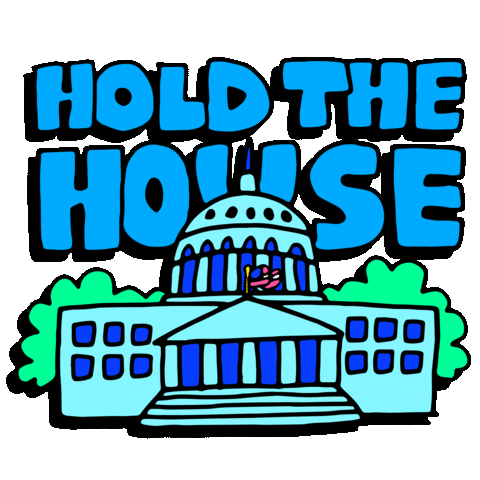 Digital art gif. Cartoon of the US Capitol Building jiggling and wobbling, with bold blocky blue lettering. Text, "Hold the House."