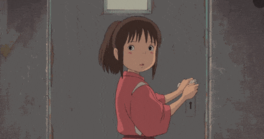 Movie gif. Chihiro from Spirited Away is about to exit a door and she turns around to give us a wave goodbye.
