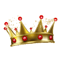 Sticker gif. Gold crown with red gems at the points and red gems studded around the band spins and wobbles around.