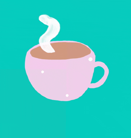 Digital art gif. A steaming powder pink mug of coffee glints in the light. The text, "Good Morning" flashes as several bright yellow suns appear against a teal green background.