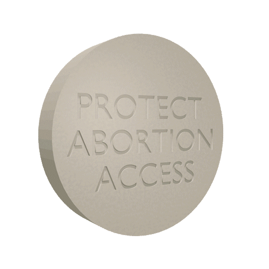 Digital art gif. Red, white, and blue button spins against a transparent background with the message, “Vote.” The button turns into a tan coin that reads, “Protect abortion access.”