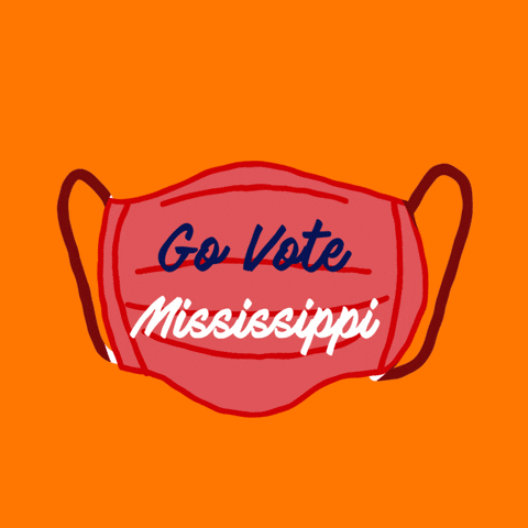 Digital illustration gif. Red face mask reads, "Go vote Mississippi" against a bright orange background.