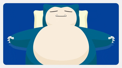 Cartoon gif. Snorlax, a Pokémon bear, lays on her back breathing heavily as she sleeps with her arms relaxed out to both sides.