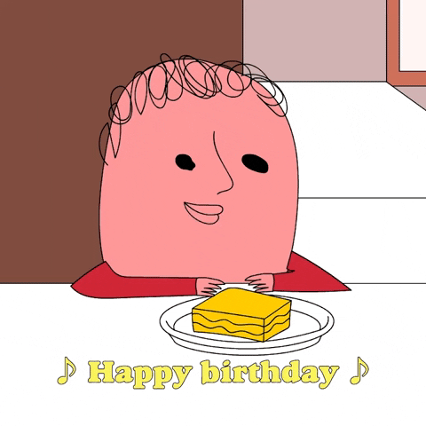Digital illustration gif. Rosy-cheeked pink person sits at a dining table with a pleasant expression in front of a slice of cake, and sings "happy birthday to you."