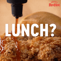 Sponsored gif. Frank’s RedHot sauce is slowly drizzled across crispy fried chicken. Text reads, “Lunch?”