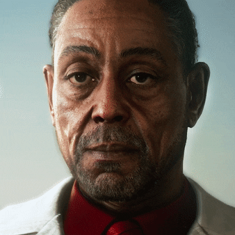 Video game gif. Giancarlo Esposito as Anton Castillo in Far Cry 6. He stares with a serious face but slowly curls his lips into a small smile.