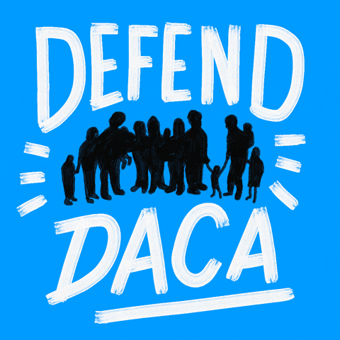 Text gif. Silhouette of a group of families surrounded by vibrant blue and the phrase "Defend Daca!"