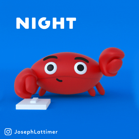 3D animated gif. A red crab waves at us with a friendly expression then taps on a white switch on the floor as the whole scene switches to black. Text, "Night, night."
