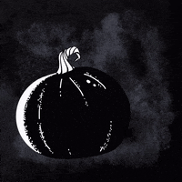 Digital illustration gif. Black and white cartoon pumpkin with a crown and a twirly white stem on top against a cloudy black background. Its jagged jack-o-lantern mouth is moving and its eyes are blinking as text appears, "Ha ha."