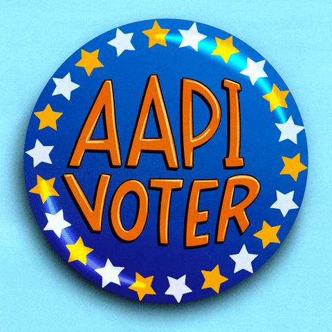 Digital art gif. Blue button bordered with a row of yellow and white shakes back and forth over a light blue background. The button reads, “AAPI Voter.”