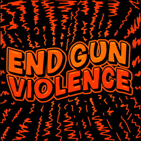 Digital art gif. The words, "End gun violence," in all-caps font flash different hues of orange and red, surrounded by fat, squiggly lines of the same colors against a black background.