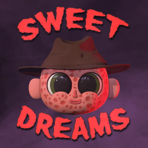 Illustrated gif. The pockmarked face of Freddie Krueger rendered like a chibi character, floating in a foggy purple space. Text, "Sweet dreams."