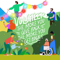 Digital art gif. Illustration of several cartoon people doing volunteer activities like hanging string lights, painting a house, watering a garden, pushing an elderly woman's wheelchair, and carrying groceries. Text in the middle of the illustration reads, "Volunteer; the more you give back, the more you get back."