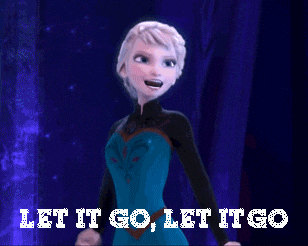 Disney gif. Elsa from Frozen dances in her green dress and rips out her tight braid, softening her hair up and singing, "Let it go, let it go."