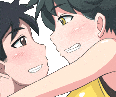 Anime gif. Smiling teenage girl leans in to kiss a teenage boy. We zoom out to see that he is holding her in his arms at the beach in front of a heart-shaped sunset.