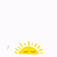 Illustrated gif. Smiling yellow sun sits on the bottom while a red comet shoots across and bursts into hearts and the text, "Feliz dia."